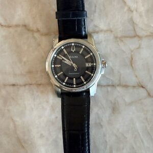 Bulova Silver Case Watch with Black Strap